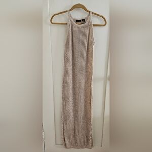 NWT Tahari Cream Beige Knit Crochet Swim Coverup Maxi Halter Neck S